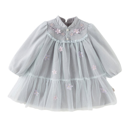 Toddler Girls Blue Classic Flower Embroidery Soft Mesh Chinese-style Dress
