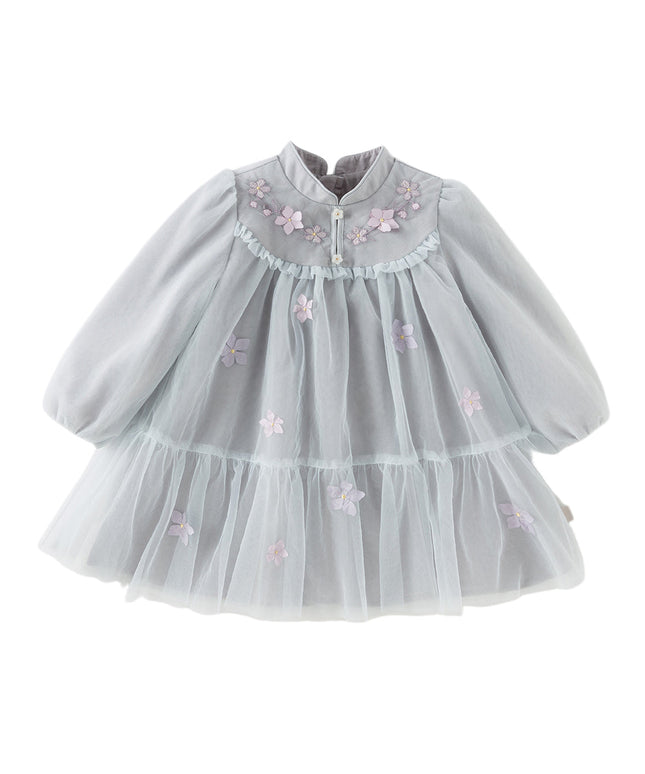 Toddler Girls Blue Classic Flower Embroidery Soft Mesh Chinese-style Dress