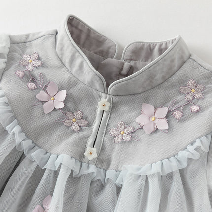 Toddler Girls Blue Classic Flower Embroidery Soft Mesh Chinese-style Dress