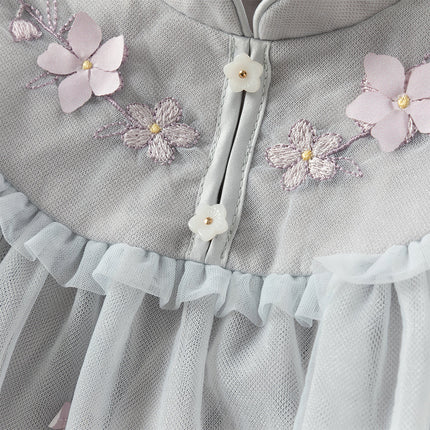 Toddler Girls Blue Classic Flower Embroidery Soft Mesh Chinese-style Dress