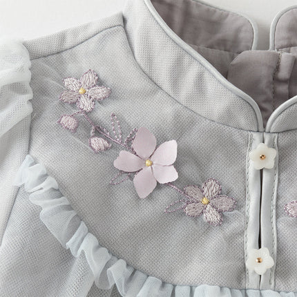 Toddler Girls Blue Classic Flower Embroidery Soft Mesh Chinese-style Dress