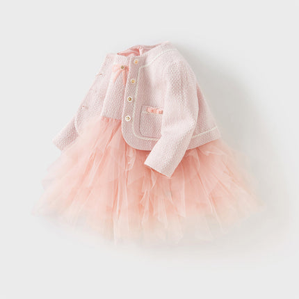 Kids Girls Elegant Pink Cardigan Pinafore Mesh Dress Two Pieces Set