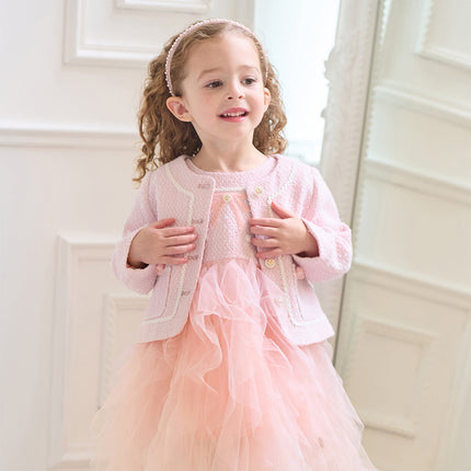 Kids Girls Elegant Pink Cardigan Pinafore Mesh Dress Two Pieces Set