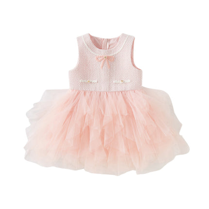 Kids Girls Elegant Pink Cardigan Pinafore Mesh Dress Two Pieces Set