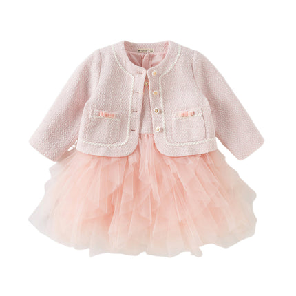 Kids Girls Elegant Pink Cardigan Pinafore Mesh Dress Two Pieces Set
