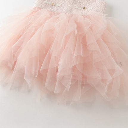 Kids Girls Elegant Pink Cardigan Pinafore Mesh Dress Two Pieces Set