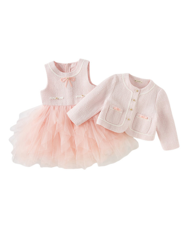 Kids Girls Elegant Pink Cardigan Pinafore Mesh Dress Two Pieces Set