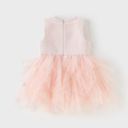 Kids Girls Elegant Pink Cardigan Pinafore Mesh Dress Two Pieces Set