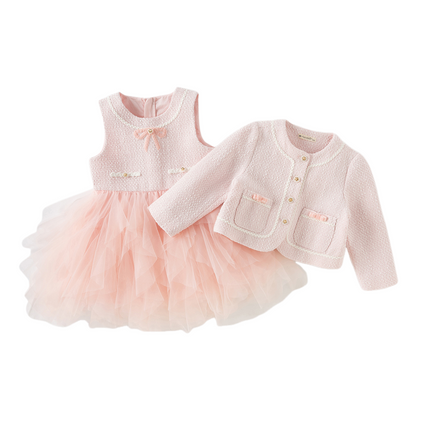 Kids Girls Elegant Pink Cardigan Pinafore Mesh Dress Two Pieces Set
