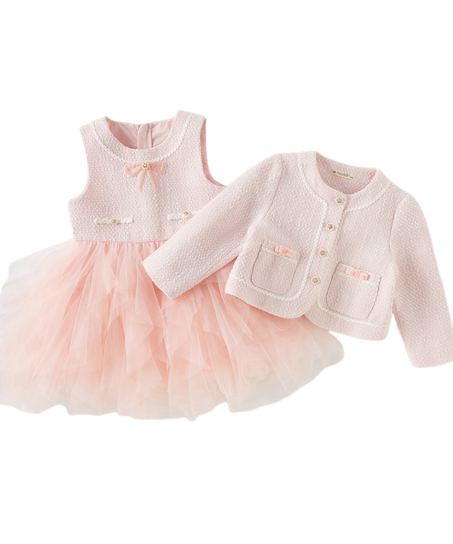 Kids Girls Elegant Pink Cardigan Pinafore Mesh Dress Two Pieces Set