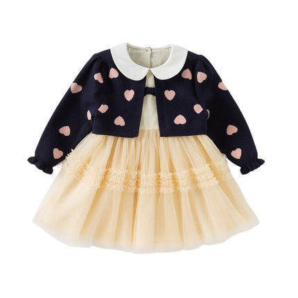 Toddler Girls Navy Blue Delicate Fake Two Piece Sweater Mesh Dress