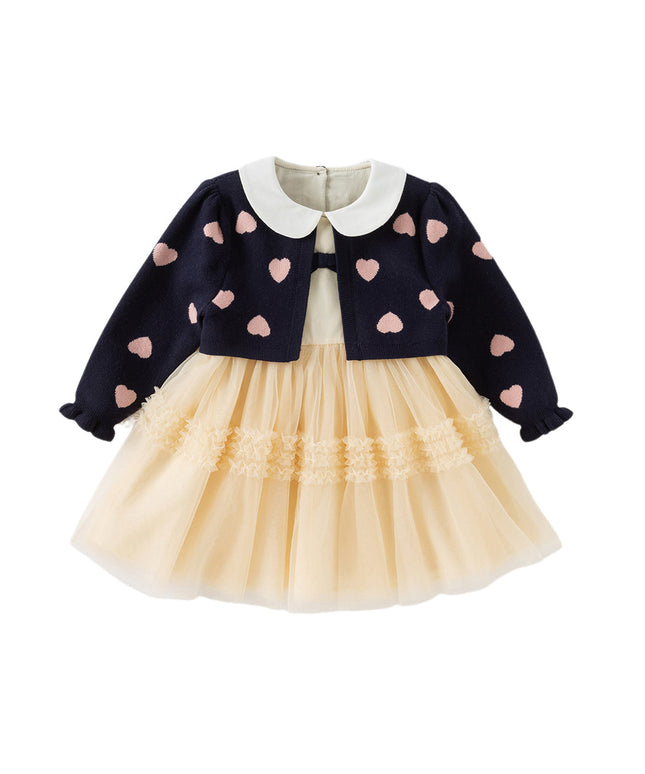 Toddler Girls Navy Blue Delicate Fake Two Piece Sweater Mesh Dress