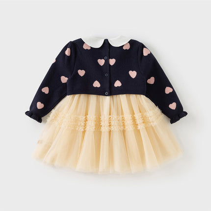 Toddler Girls Navy Blue Delicate Fake Two Piece Sweater Mesh Dress
