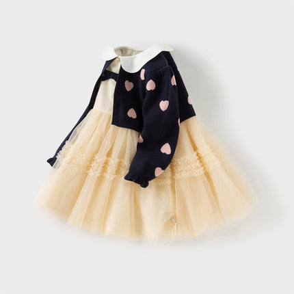 Toddler Girls Navy Blue Delicate Fake Two Piece Sweater Mesh Dress