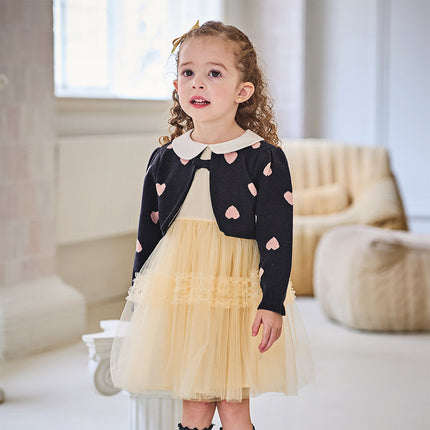 Toddler Girls Navy Blue Delicate Fake Two Piece Sweater Mesh Dress