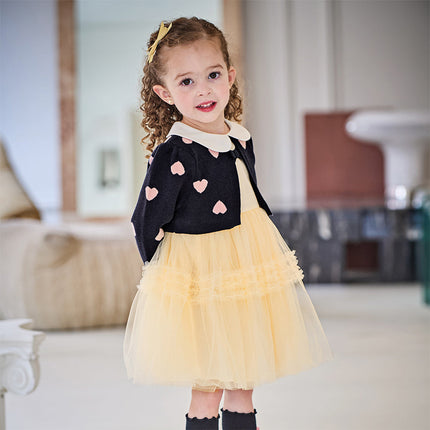 Toddler Girls Navy Blue Delicate Fake Two Piece Sweater Mesh Dress