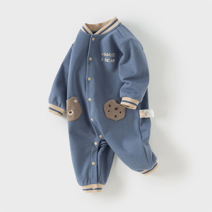 Baby Boys Grey Blue Cute Long-sleeved One-Piece Romper