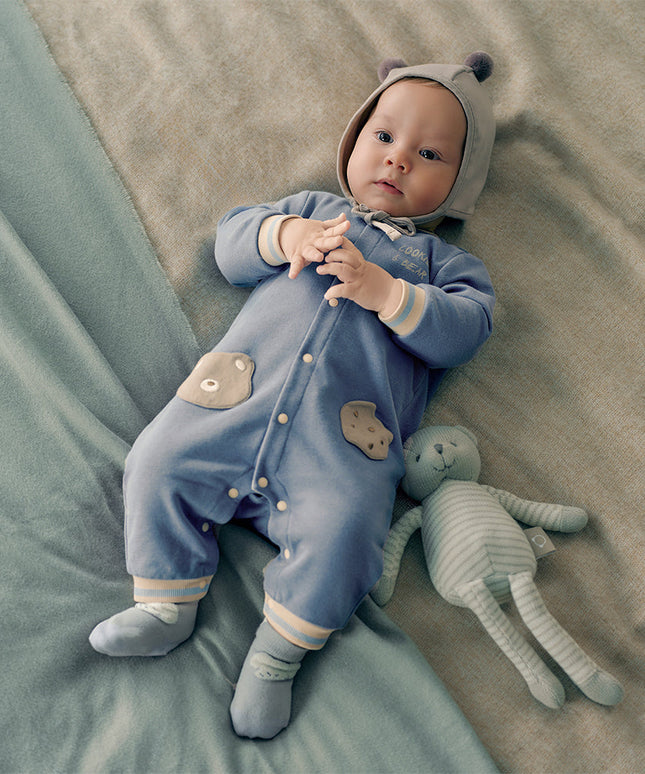 Baby Boys Grey Blue Cute Long-sleeved One-Piece Romper