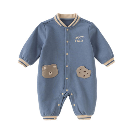 Baby Boys Grey Blue Cute Long-sleeved One-Piece Romper