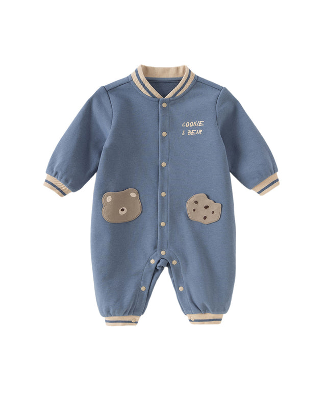 Baby Boys Grey Blue Cute Long-sleeved One-Piece Romper