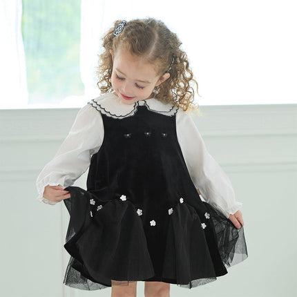 Toddler Girls Black Top Pinafore Dress Two-Piece Set