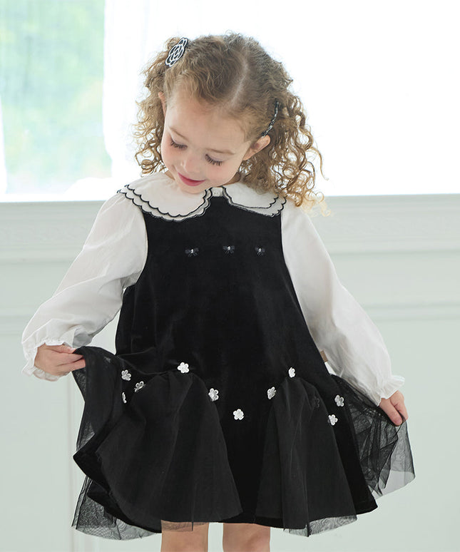 Toddler Girls Black Top Pinafore Dress Two-Piece Set
