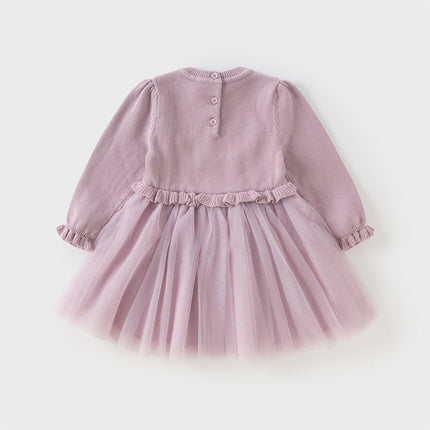 Toddler Girls Noble Purple Embroidery Sweater Mesh Princess Dress