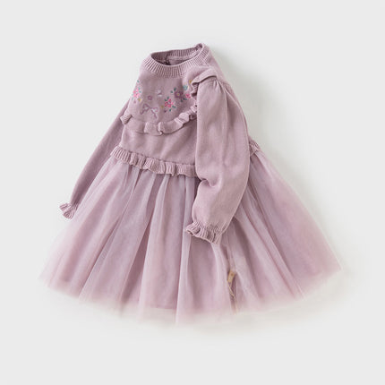 Toddler Girls Noble Purple Embroidery Sweater Mesh Princess Dress