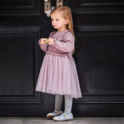 Toddler Girls Noble Purple Embroidery Sweater Mesh Princess Dress