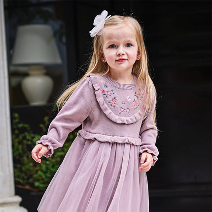Toddler Girls Noble Purple Embroidery Sweater Mesh Princess Dress