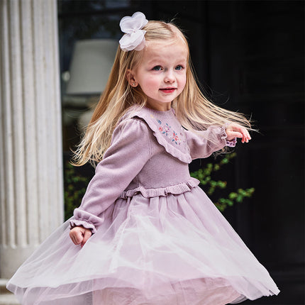 Toddler Girls Noble Purple Embroidery Sweater Mesh Princess Dress