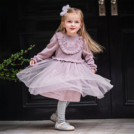Toddler Girls Noble Purple Embroidery Sweater Mesh Princess Dress