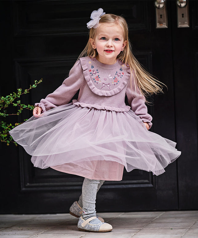 Toddler Girls Noble Purple Embroidery Sweater Mesh Princess Dress