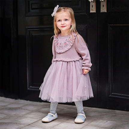 Toddler Girls Noble Purple Embroidery Sweater Mesh Princess Dress