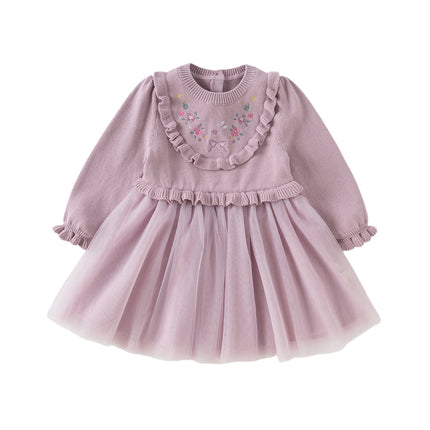 Toddler Girls Noble Purple Embroidery Sweater Mesh Princess Dress
