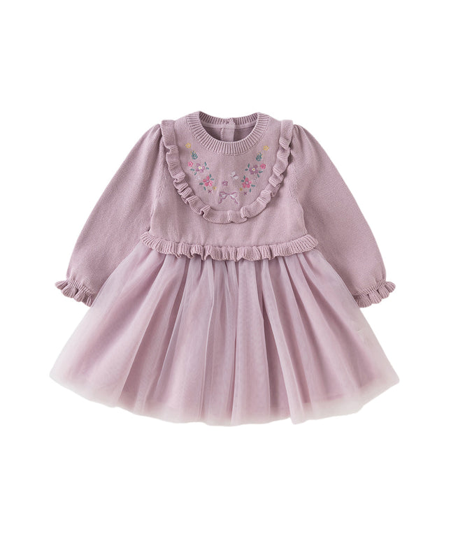 Toddler Girls Noble Purple Embroidery Sweater Mesh Princess Dress