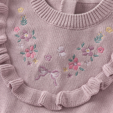 Toddler Girls Noble Purple Embroidery Sweater Mesh Princess Dress