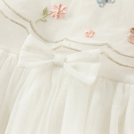 Girls Autumn Sweet Beige Mesh Flower Embroidery Princess Dress