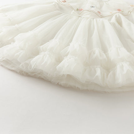 Girls Autumn Sweet Beige Mesh Flower Embroidery Princess Dress
