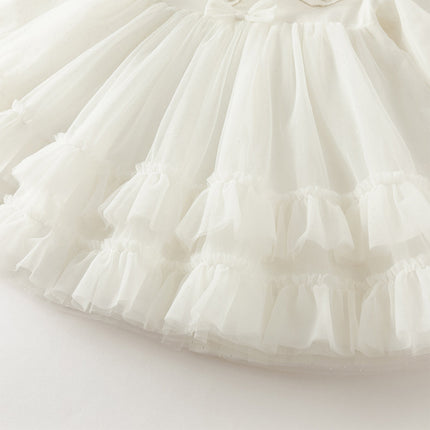 Girls Autumn Sweet Beige Mesh Flower Embroidery Princess Dress
