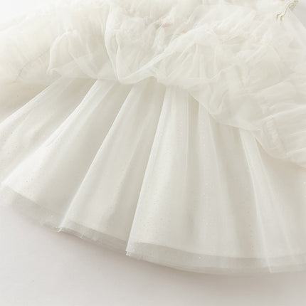 Girls Autumn Sweet Beige Mesh Flower Embroidery Princess Dress