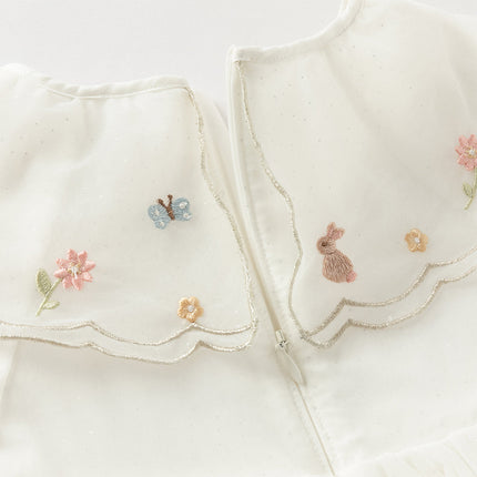 Girls Autumn Sweet Beige Mesh Flower Embroidery Princess Dress