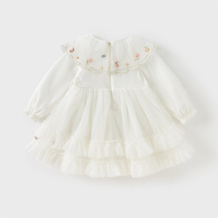 Girls Autumn Sweet Beige Mesh Flower Embroidery Princess Dress