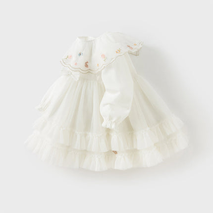Girls Autumn Sweet Beige Mesh Flower Embroidery Princess Dress