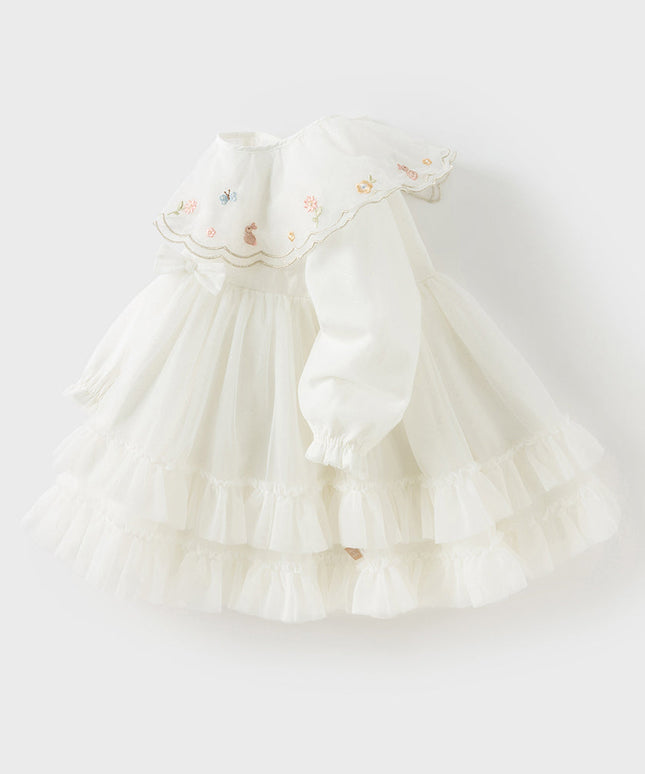 Girls Autumn Sweet Beige Mesh Flower Embroidery Princess Dress
