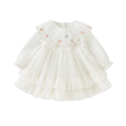 Girls Autumn Sweet Beige Mesh Flower Embroidery Princess Dress
