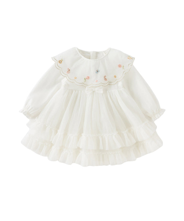 Girls Autumn Sweet Beige Mesh Flower Embroidery Princess Dress