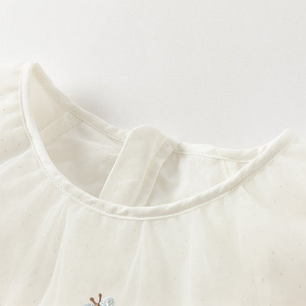 Girls Autumn Sweet Beige Mesh Flower Embroidery Princess Dress