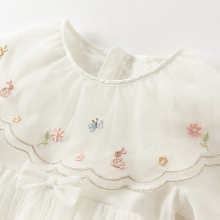 Girls Autumn Sweet Beige Mesh Flower Embroidery Princess Dress
