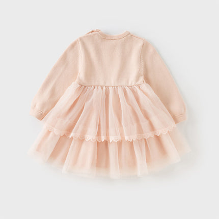 Toddler Girls Charming Pink Soft Knit Sweater Birthday Mesh A-line Dress